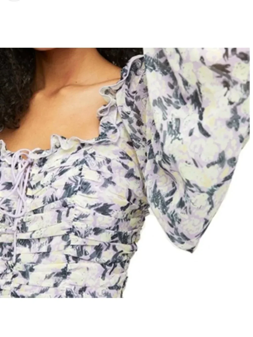 Free People Floral Ruched Blouse Top Puff Sleeve Tie Front Cottagecore Boho M - Picture 5 of 16